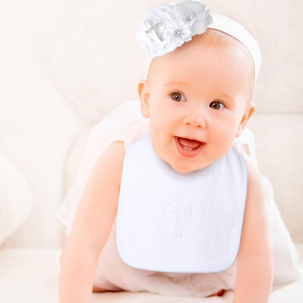 4-Piece Christening Baptism Outfit for Baby Girl – White Bib, Shoes, Socks, and Headband Set
