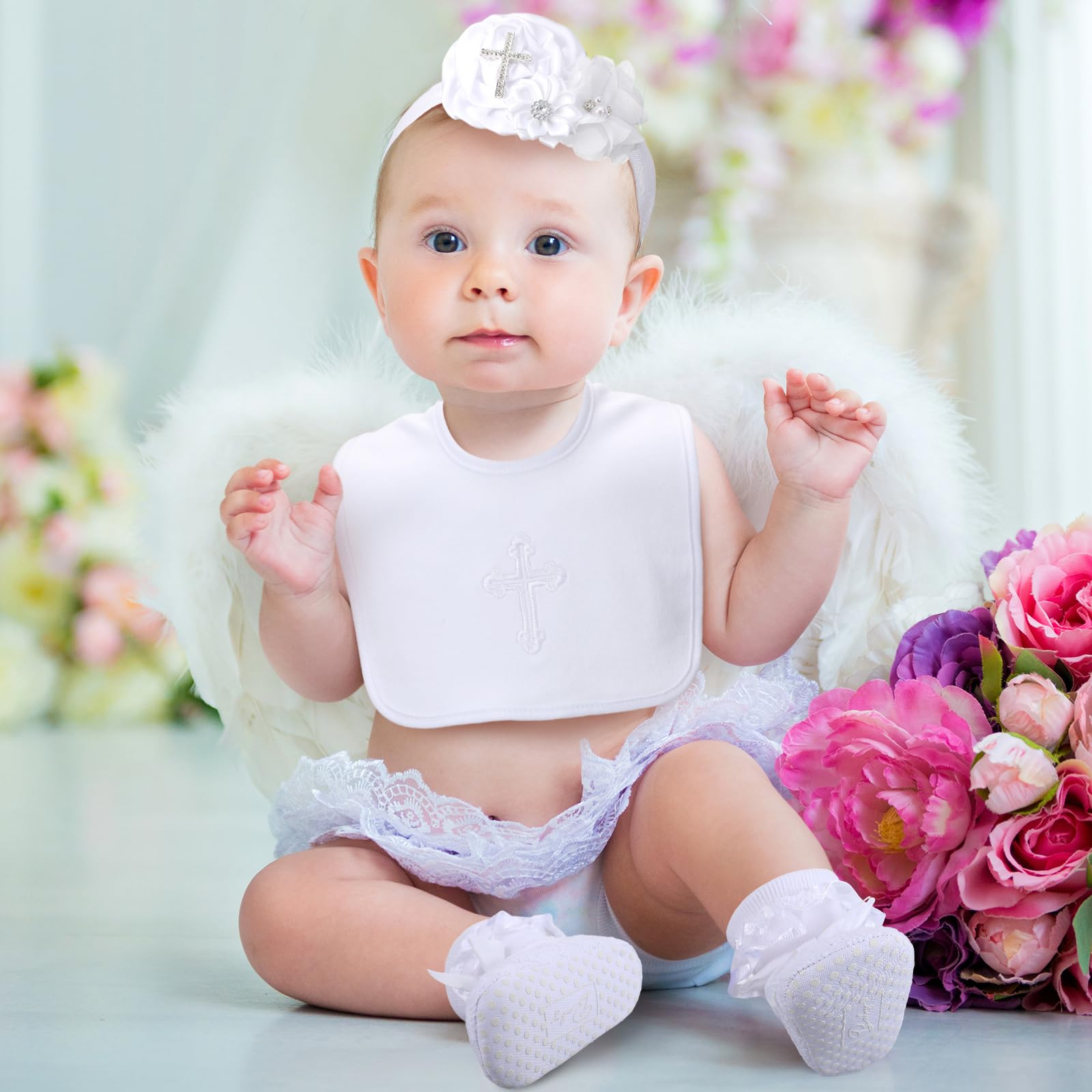 4-Piece Christening Baptism Outfit for Baby Girl – White Bib, Shoes, Socks, and Headband Set