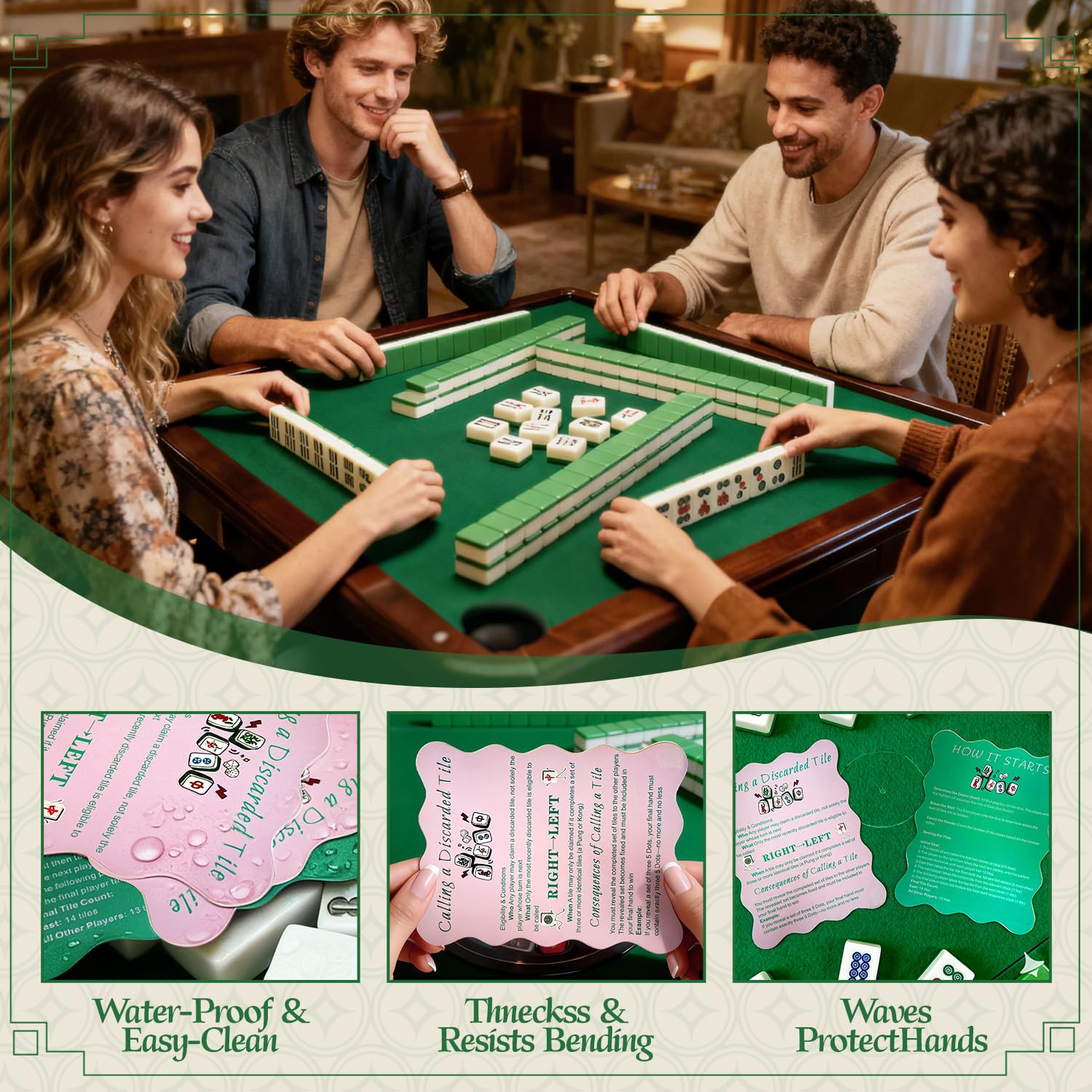 4-Piece Mahjong Tile Shuffler Set with Printed Rules – Manual Mixer for Beginners (Powder Blusher Pink & Green)