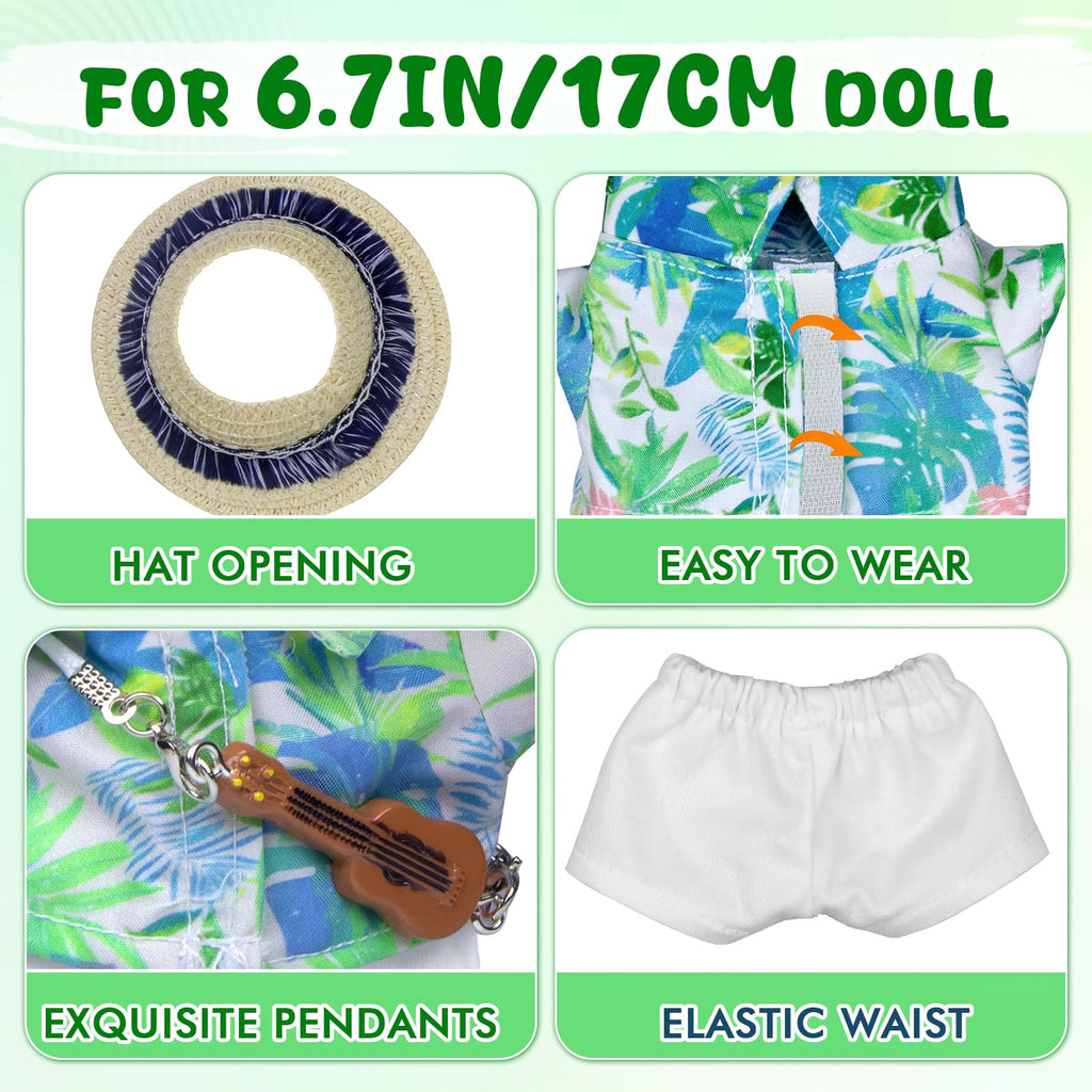 4-Piece Summer Vacation Doll Clothes Set for 6.7in/17cm Dolls - Includes Hat, Shirt, Pants & Guitar