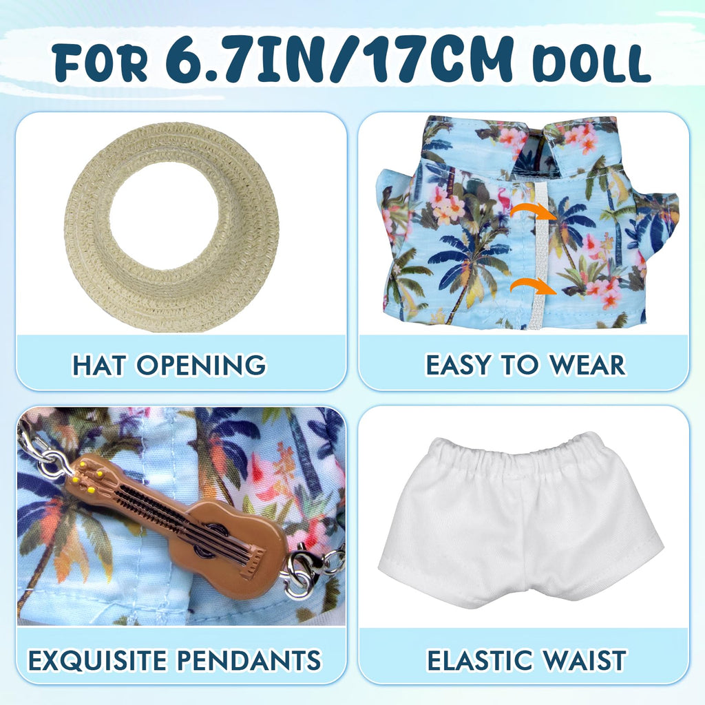 4-Piece Summer Vacation Outfit for 6.7in/17cm Dolls - Includes Hat, Shirt, Pants & Guitar