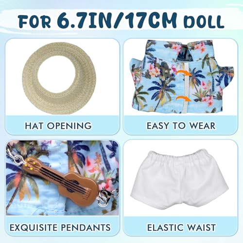 4-Piece Summer Vacation Outfit for 6.7in/17cm Dolls - Includes Hat, Shirt, Pants & Guitar