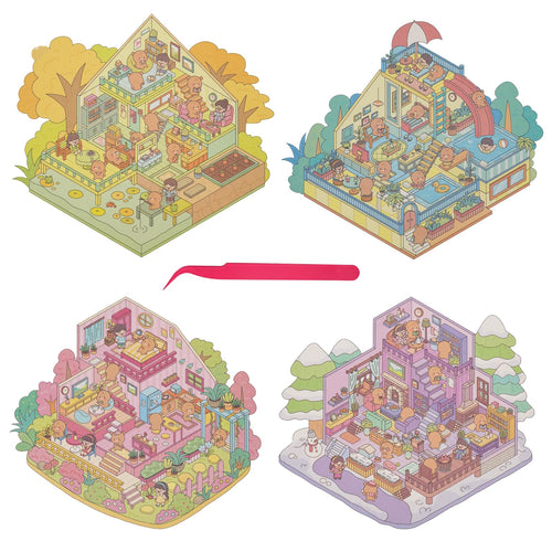 4-Season 3D Scene Sticker Set with Large Backgrounds and Tweezers - 4 DIY Miniature House Kits for Creativity and Stress Relief