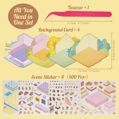 4-Season 3D Scene Sticker Set with Large Backgrounds and Tweezers - 4 DIY Miniature House Kits for Creativity and Stress Relief