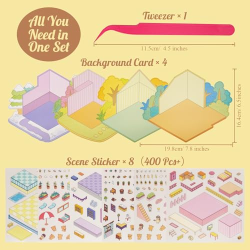 4-Season 3D Scene Sticker Set with Large Backgrounds and Tweezers - 4 DIY Miniature House Kits for Creativity and Stress Relief