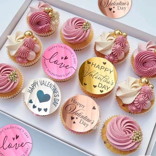 40 Acrylic Happy Valentine's Day Cupcake Toppers – 4 Colors, Mirror Finish, Reusable