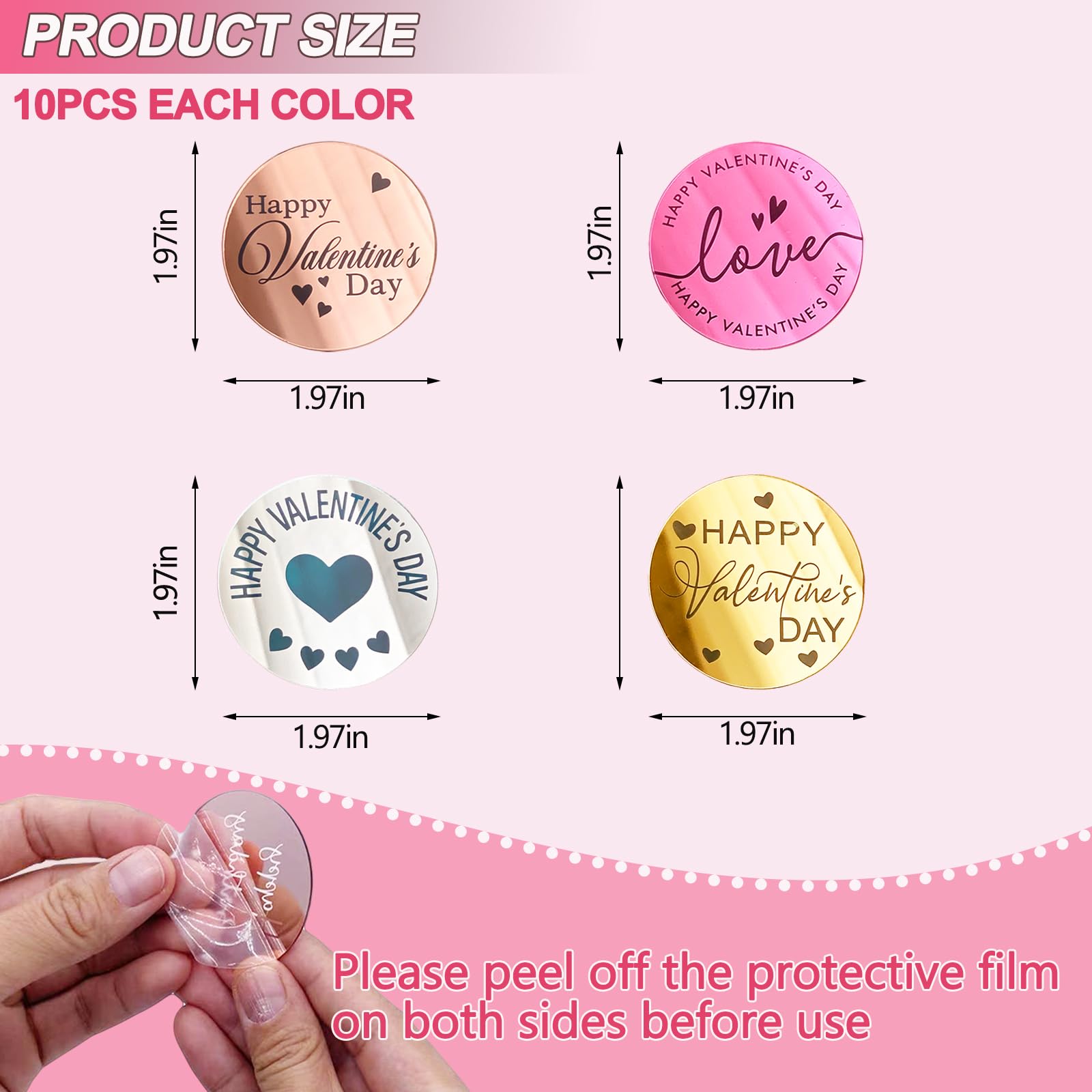 40 Acrylic Happy Valentine's Day Cupcake Toppers – 4 Colors, Mirror Finish, Reusable