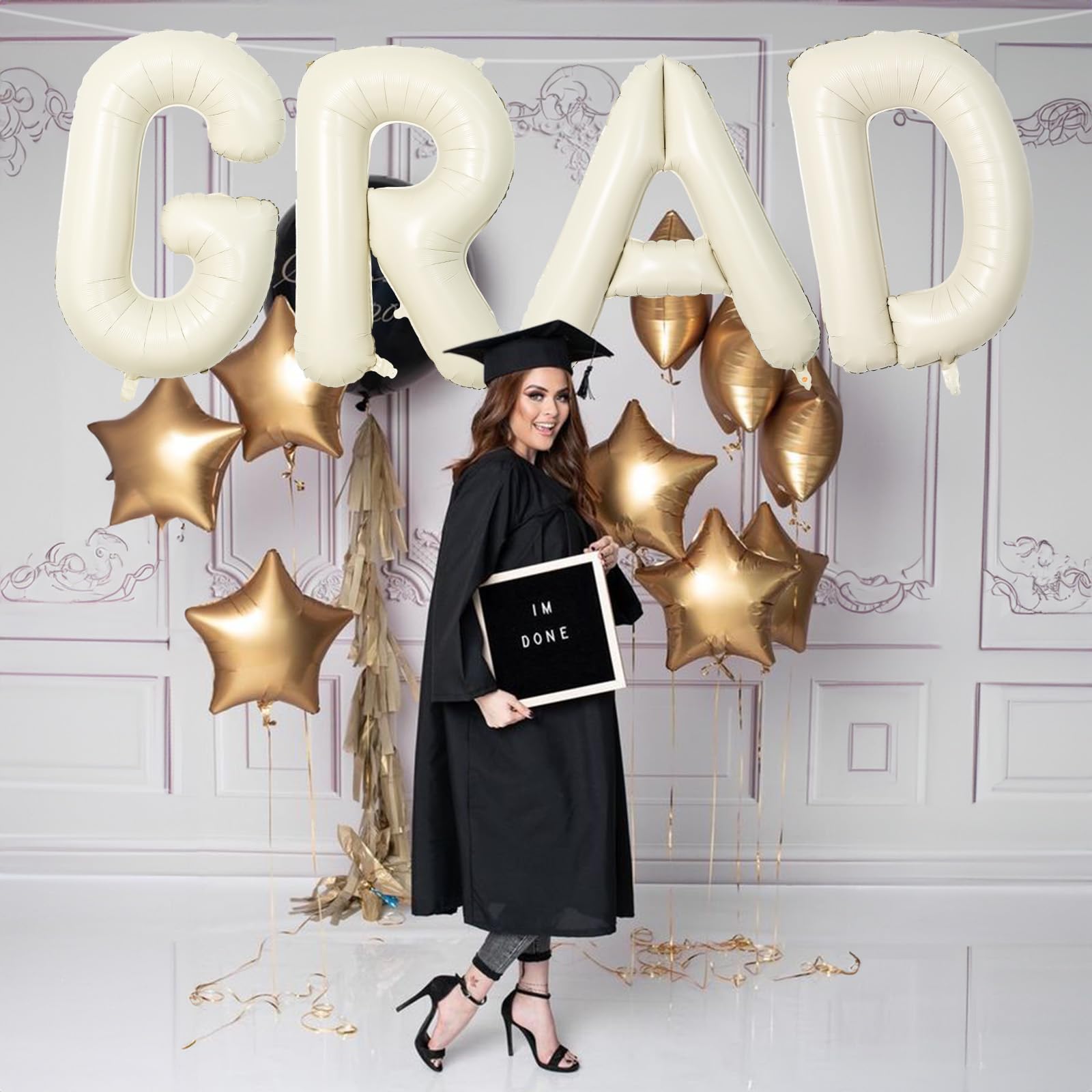 40 Inch Beige GRAD Balloons for Graduation Party Decor - Large Cream Foil Letters for Class of 2026