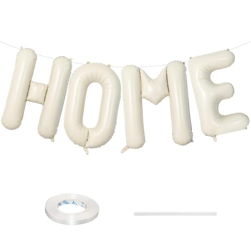 40 Inch Beige HOME Foil Letter Balloons Set for Housewarming Party Decorations - Reusable Mylar Balloon Banner with Ribbon