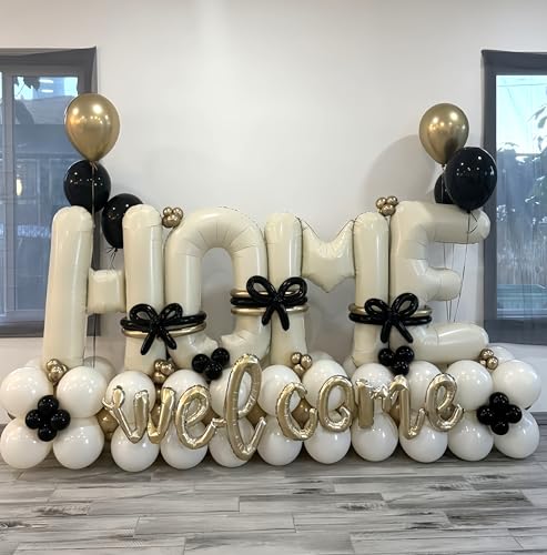 40 Inch Beige HOME Foil Letter Balloons Set for Housewarming Party Decorations - Reusable Mylar Balloon Banner with Ribbon