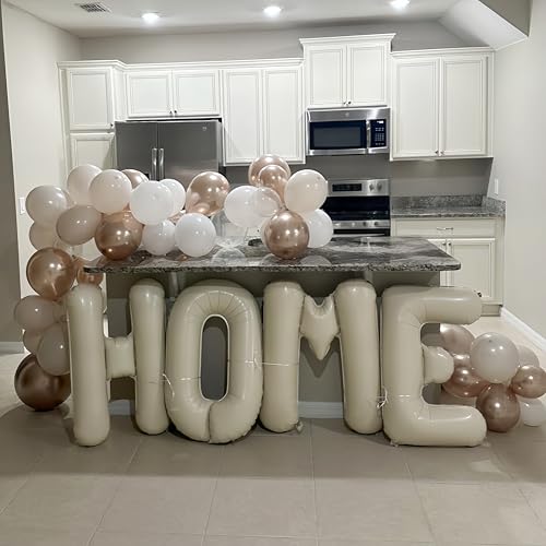 40 Inch Beige HOME Foil Letter Balloons Set for Housewarming Party Decorations - Reusable Mylar Balloon Banner with Ribbon
