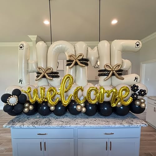 40 Inch Beige HOME Foil Letter Balloons Set for Housewarming Party Decorations - Reusable Mylar Balloon Banner with Ribbon