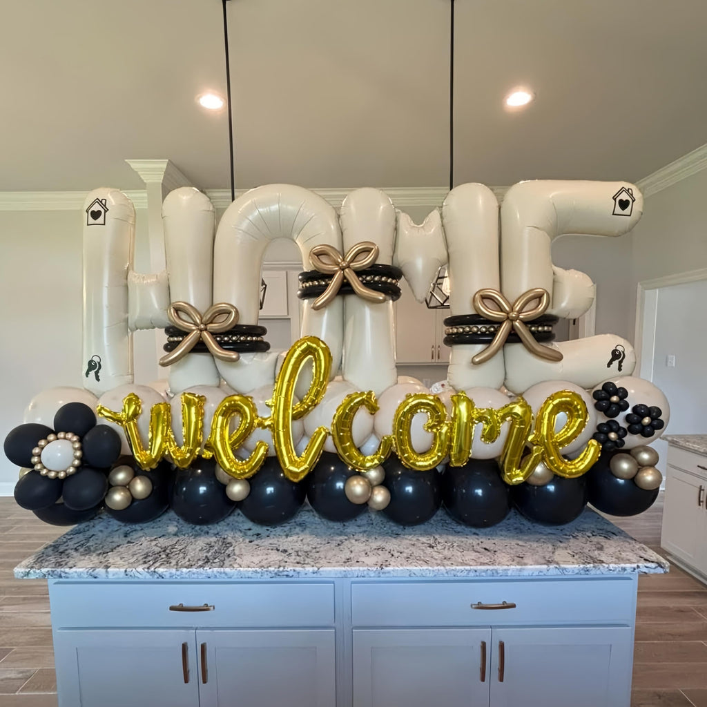 40 Inch Beige HOME Foil Letter Balloons Set for Housewarming Party Decorations - Reusable Mylar Balloon Banner with Ribbon
