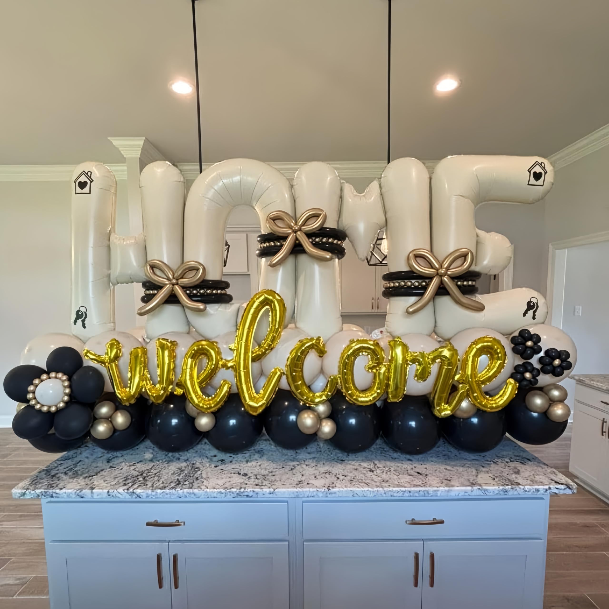 40 Inch Beige HOME Foil Letter Balloons Set for Housewarming Party Decorations - Reusable Mylar Balloon Banner with Ribbon