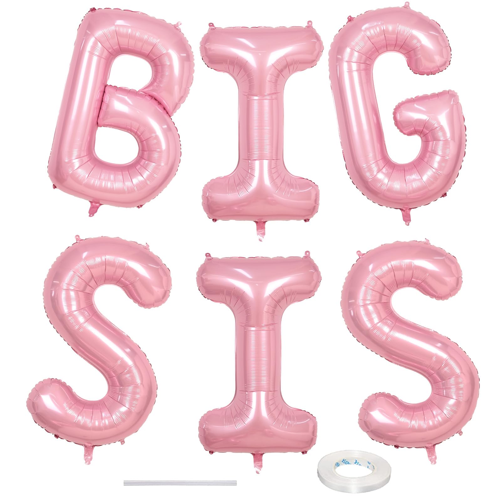 40 Inch Pastel Pink BIG SIS Letter Balloons – Pearl Pink Foil Balloon Set with Ribbon for Baby Shower, Gender Reveal, Birthday Party Decorations