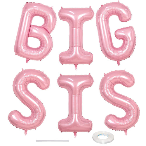 40 Inch Pastel Pink BIG SIS Letter Balloons – Pearl Pink Foil Balloon Set with Ribbon for Baby Shower, Gender Reveal, Birthday Party Decorations