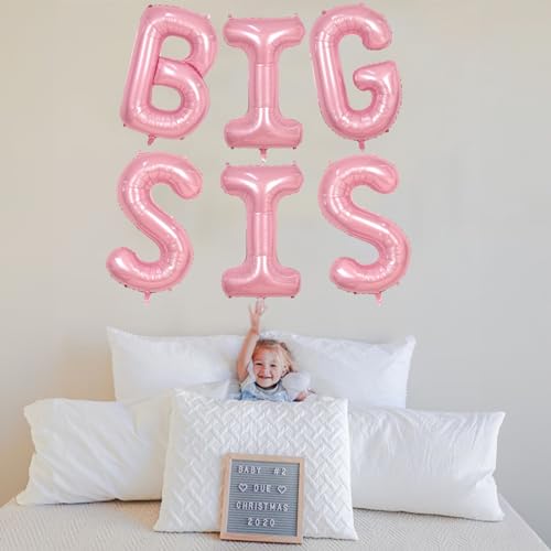 40 Inch Pastel Pink BIG SIS Letter Balloons – Pearl Pink Foil Balloon Set with Ribbon for Baby Shower, Gender Reveal, Birthday Party Decorations