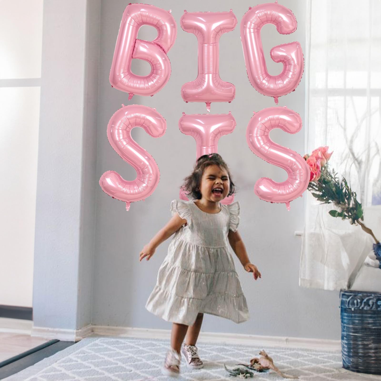 40 Inch Pastel Pink BIG SIS Letter Balloons – Pearl Pink Foil Balloon Set with Ribbon for Baby Shower, Gender Reveal, Birthday Party Decorations