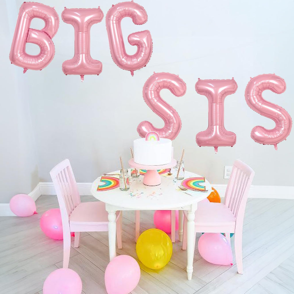 40 Inch Pastel Pink BIG SIS Letter Balloons – Pearl Pink Foil Balloon Set with Ribbon for Baby Shower, Gender Reveal, Birthday Party Decorations