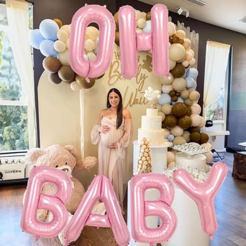 40 Inch Pastel Pink OH BABY Balloon Letters Set - 6 Foil Balloons with Ribbon for Baby Shower Gender Reveal Decor