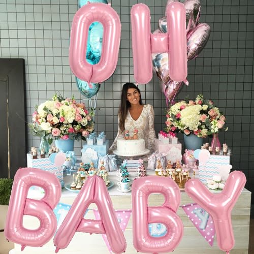 40 Inch Pastel Pink OH BABY Balloon Letters Set - 6 Foil Balloons with Ribbon for Baby Shower Gender Reveal Decor