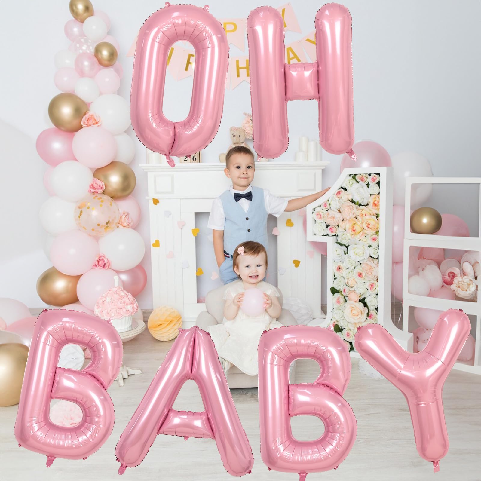 40 Inch Pastel Pink OH BABY Balloon Letters Set - 6 Foil Balloons with Ribbon for Baby Shower Gender Reveal Decor
