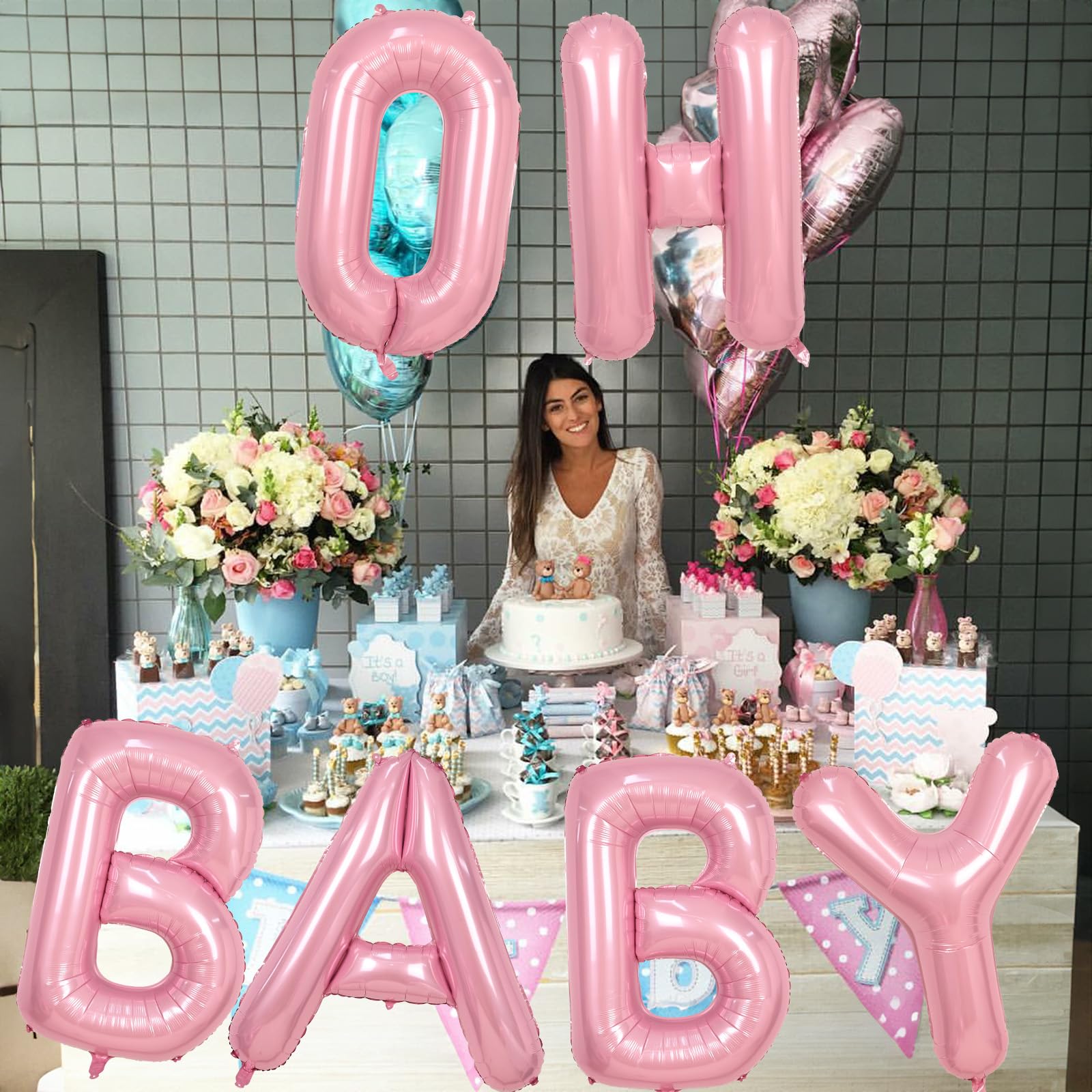 40 Inch Pastel Pink OH BABY Balloon Letters Set - 6 Foil Balloons with Ribbon for Baby Shower Gender Reveal Decor
