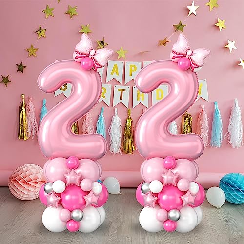 40 Inch Pink Number 2 Balloon for 2nd Birthday - Pastel Pink Foil & Latex Tower Set with Stars and Bow