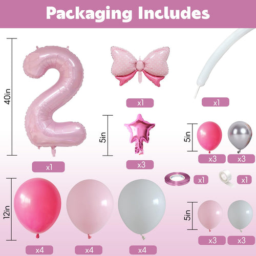 40 Inch Pink Number 2 Balloon for 2nd Birthday - Pastel Pink Foil & Latex Tower Set with Stars and Bow