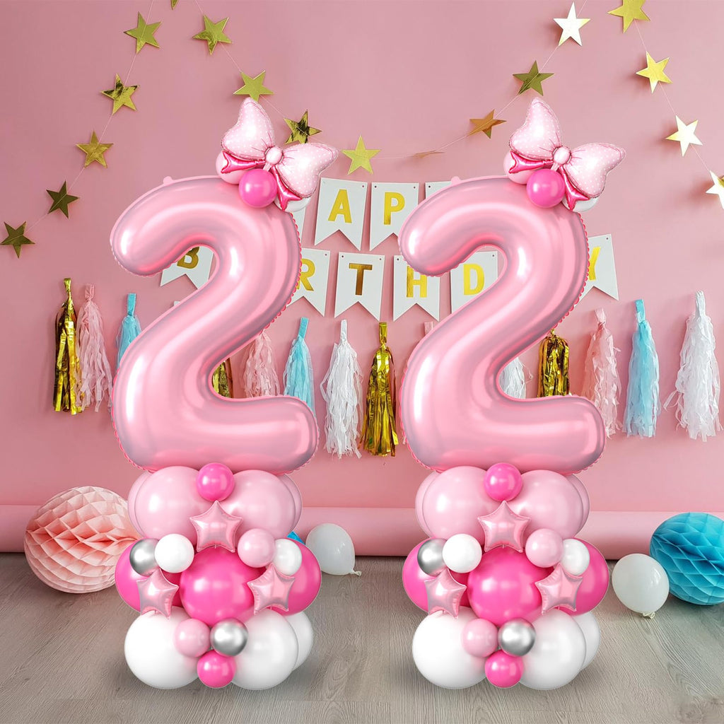 40 Inch Pink Number 2 Balloon for 2nd Birthday - Pastel Pink Foil & Latex Tower Set with Stars and Bow