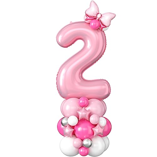 40 Inch Pink Number 2 Balloon for 2nd Birthday - Pastel Pink Foil & Latex Tower Set with Stars and Bow