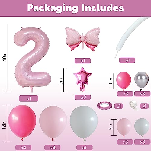 40 Inch Pink Number 2 Balloon for 2nd Birthday - Pastel Pink Foil & Latex Tower Set with Stars and Bow