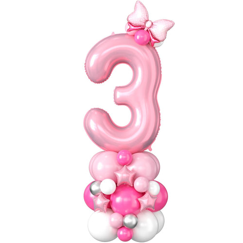 40 Inch Pink Number 3 Balloon Tower Set for 3rd Birthday, Pastel Pink Foil & Latex Balloons with Stars and Bow