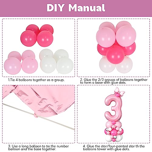 40 Inch Pink Number 3 Balloon Tower Set for 3rd Birthday, Pastel Pink Foil & Latex Balloons with Stars and Bow