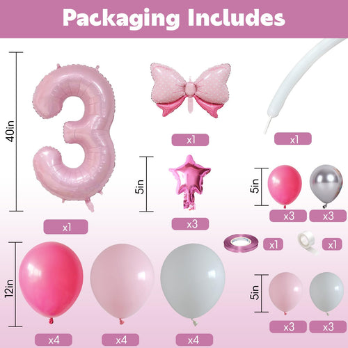 40 Inch Pink Number 3 Balloon Tower Set for 3rd Birthday, Pastel Pink Foil & Latex Balloons with Stars and Bow
