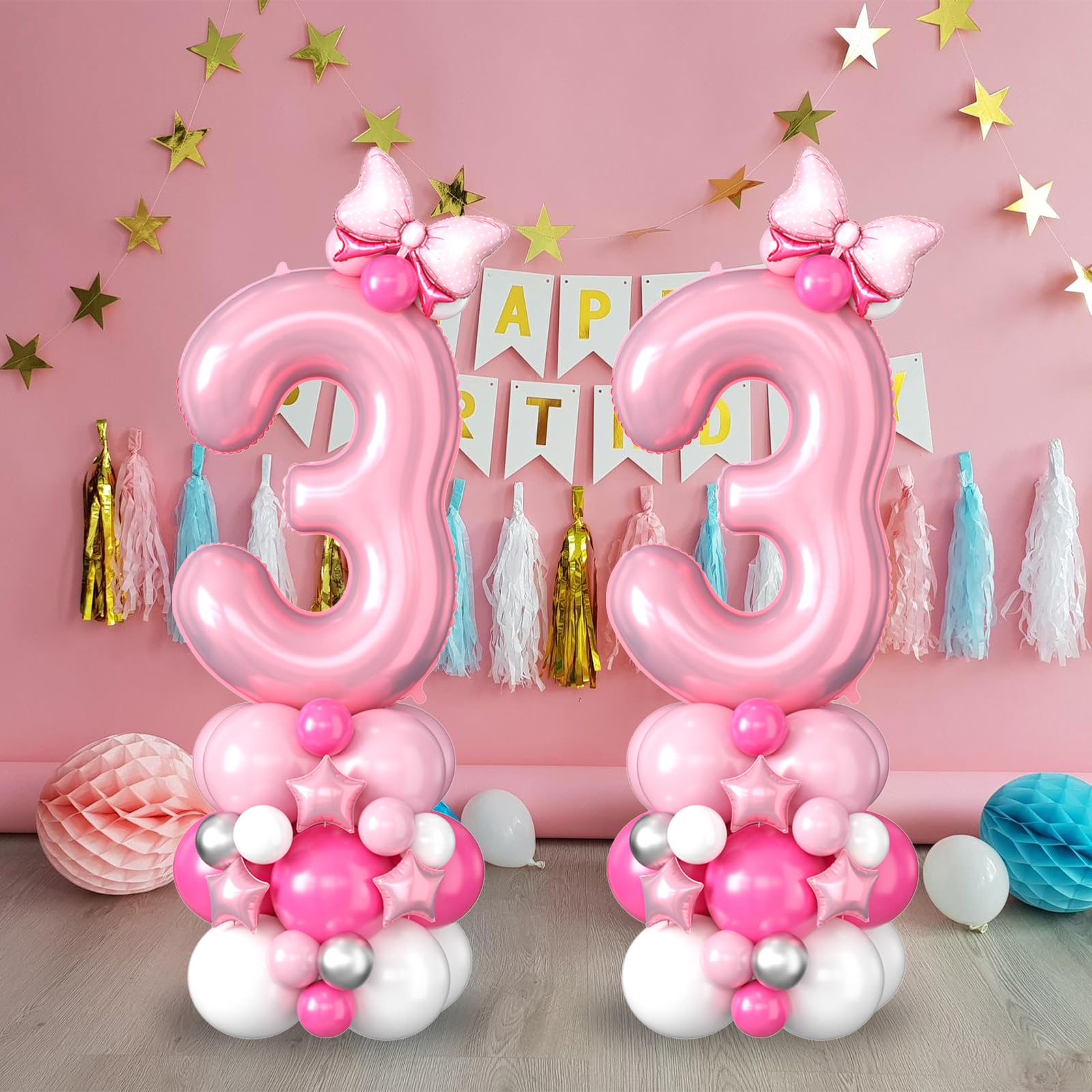 40 Inch Pink Number 3 Balloon Tower Set for 3rd Birthday, Pastel Pink Foil & Latex Balloons with Stars and Bow