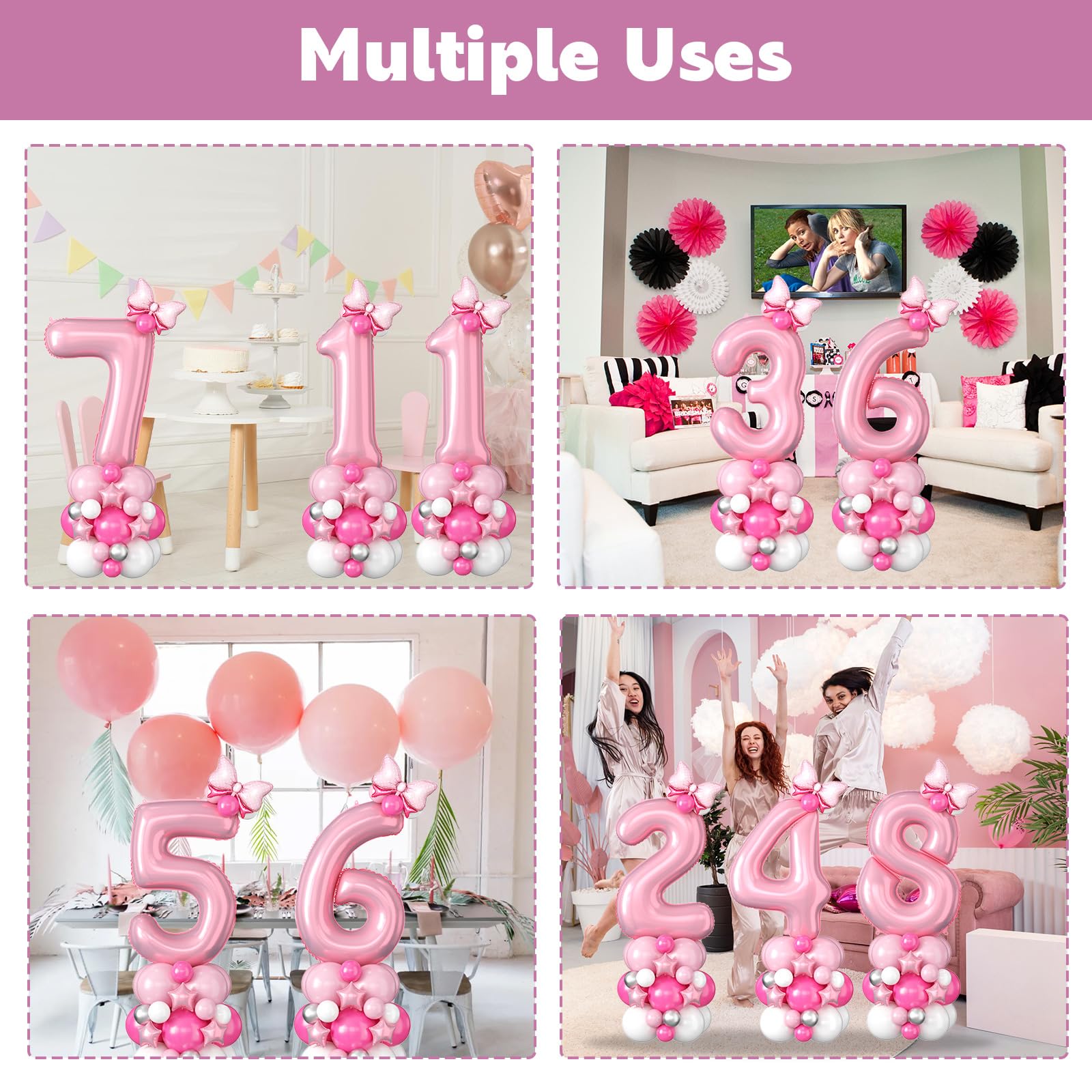 40 Inch Pink Number 3 Balloon Tower Set for 3rd Birthday, Pastel Pink Foil & Latex Balloons with Stars and Bow