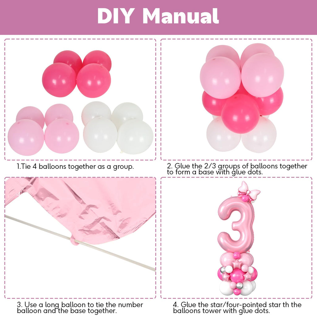 40 Inch Pink Number 3 Balloon Tower Set for 3rd Birthday, Pastel Pink Foil & Latex Balloons with Stars and Bow
