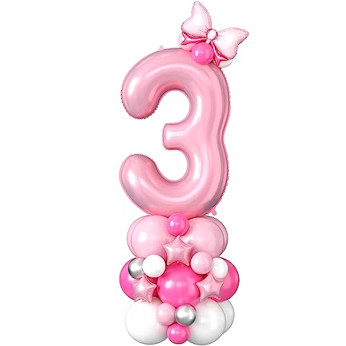 40 Inch Pink Number 3 Balloon Tower Set for 3rd Birthday, Pastel Pink Foil & Latex Balloons with Stars and Bow