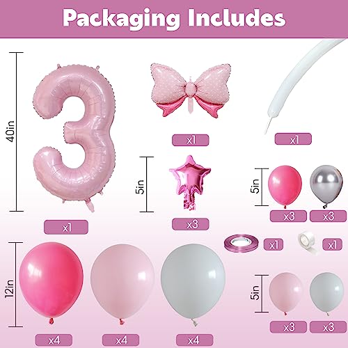 40 Inch Pink Number 3 Balloon Tower Set for 3rd Birthday, Pastel Pink Foil & Latex Balloons with Stars and Bow