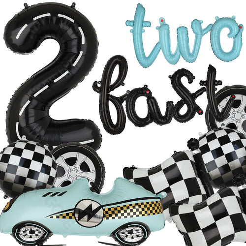 40-Inch Race Car Number 2 Balloon & Two Fast Banner Set - Black Blue Party Decor