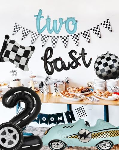 40-Inch Race Car Number 2 Balloon & Two Fast Banner Set - Black Blue Party Decor