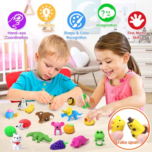 40-Pack Animal Erasers for Kids – 3D Puzzle Mini Erasers Bulk Classroom Prizes Desk Pets