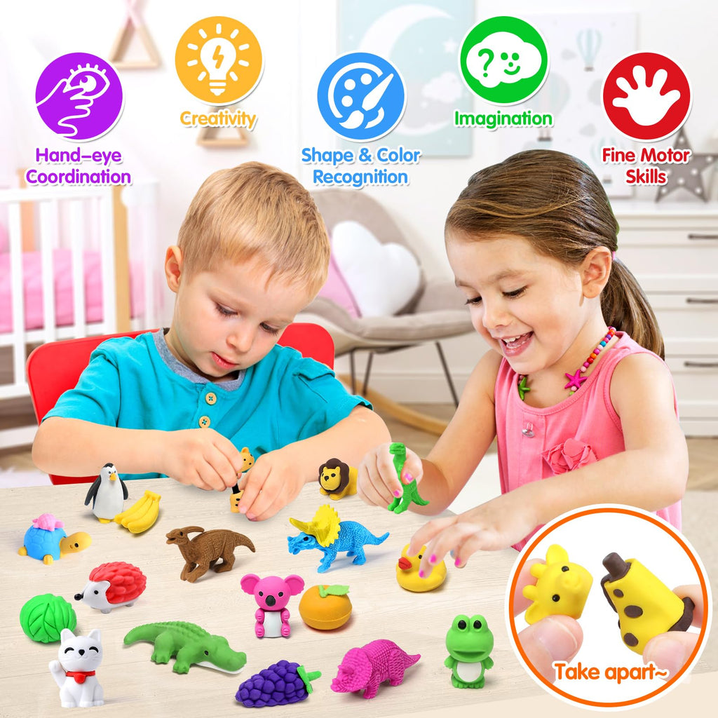 40-Pack Animal Erasers for Kids – 3D Puzzle Mini Erasers Bulk Classroom Prizes Desk Pets