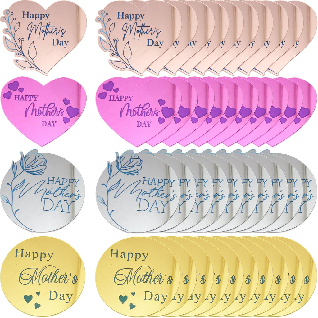 40-Pack Mother's Day Cupcake Toppers - Mirror Acrylic Hearts in 4 Colors by XBYzuzi