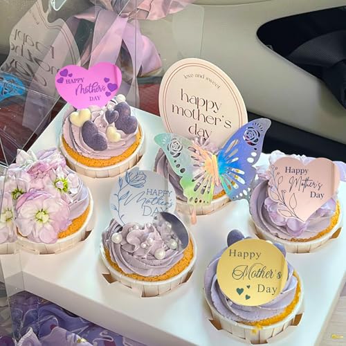 40-Pack Mother's Day Cupcake Toppers - Mirror Acrylic Hearts in 4 Colors by XBYzuzi