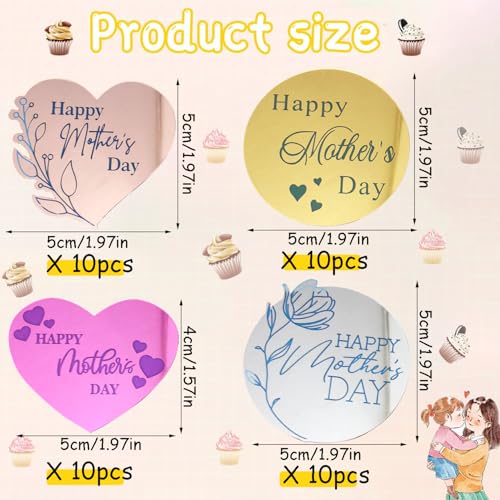 40-Pack Mother's Day Cupcake Toppers - Mirror Acrylic Hearts in 4 Colors by XBYzuzi