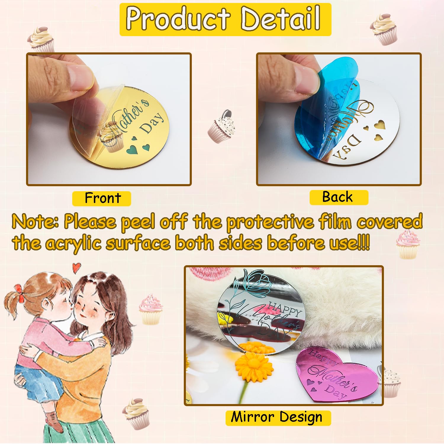 40-Pack Mother's Day Cupcake Toppers - Mirror Acrylic Hearts in 4 Colors by XBYzuzi