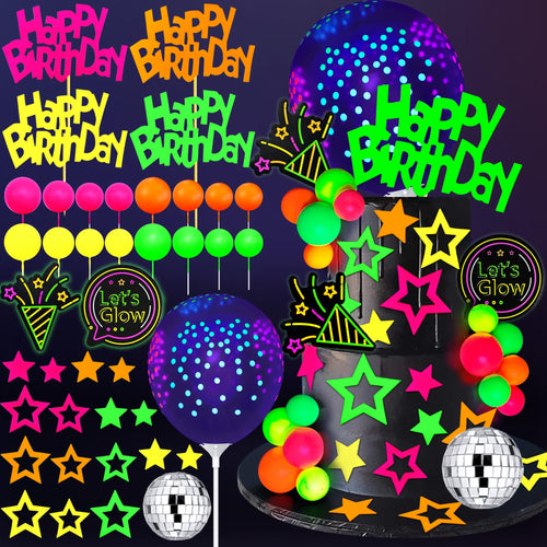 40-Piece Glow Cake Topper Set – SPFYunion Neon Birthday Decor with Disco Ball, Stars, and Balloons for Black Light Parties