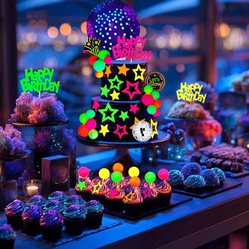 40-Piece Glow Cake Topper Set – SPFYunion Neon Birthday Decor with Disco Ball, Stars, and Balloons for Black Light Parties